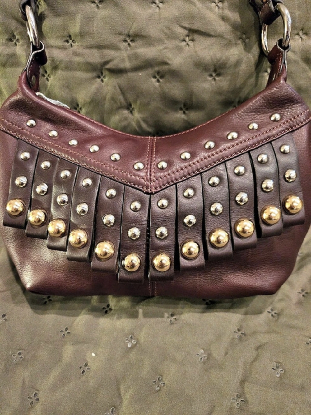 B. Makowsky Studded Fringe Leather Hobo/Crossbody Purse Mixed-Tone Studs. EUC